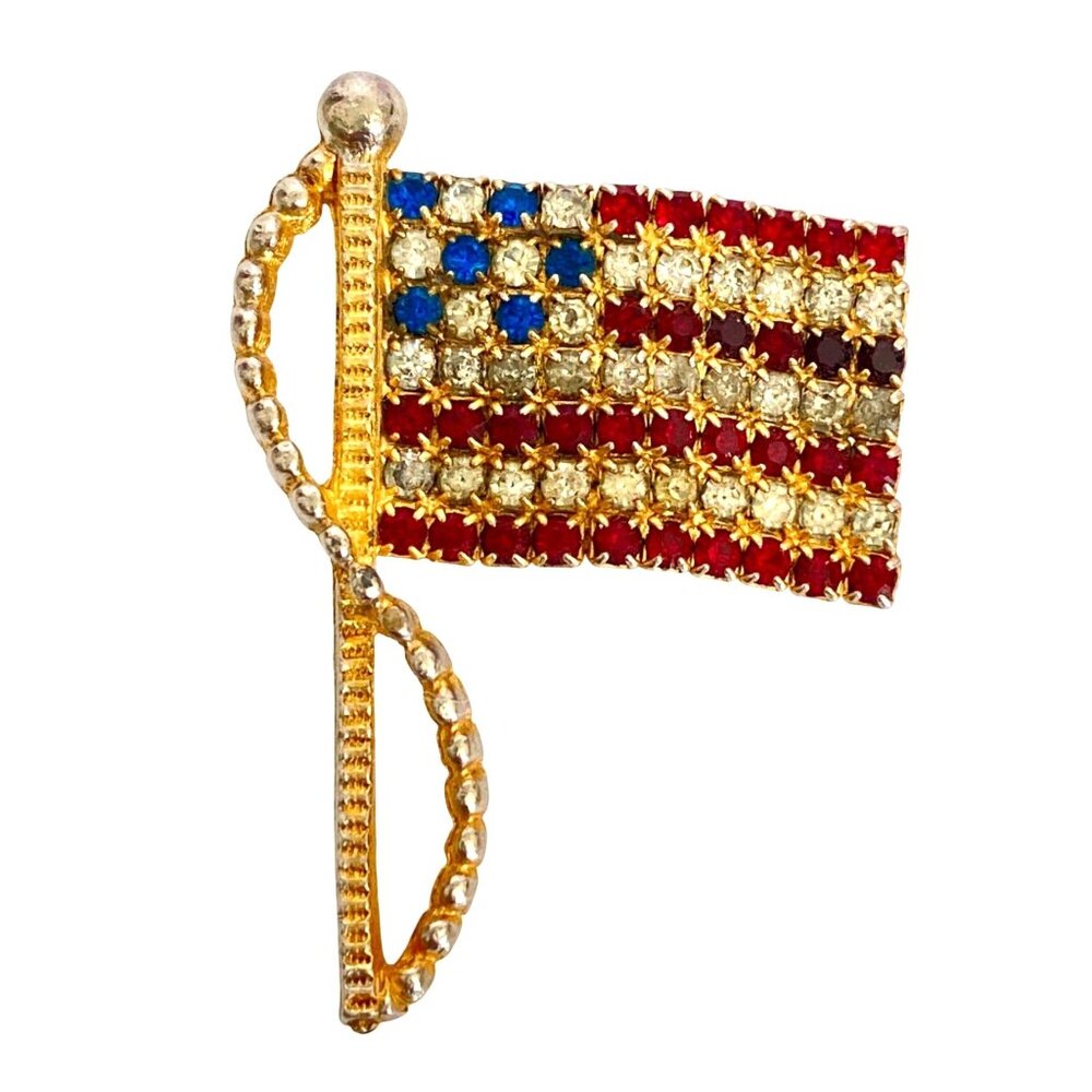 Rafaelian Rhinestone Flag Brooch Pin Gold Plated Patriotic American Design Vtg